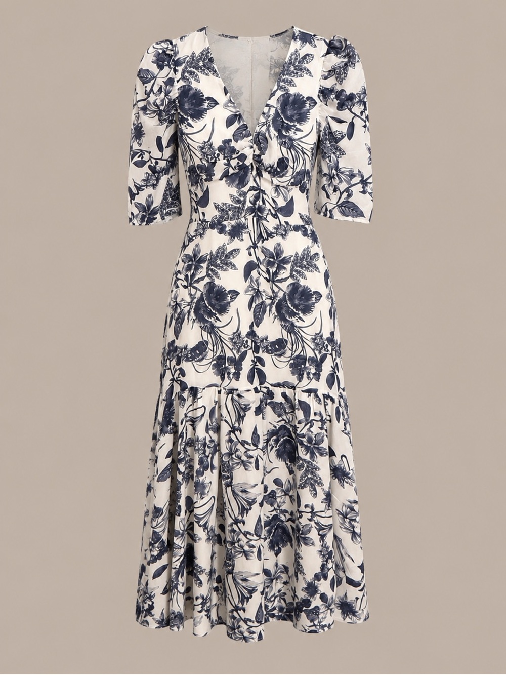 Avec Les Filles Women’s Floral-Print Puffed-Shoulder Midi Dress White/Blue